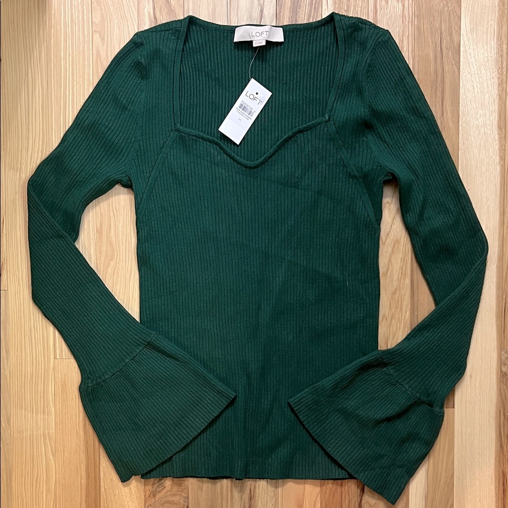LOFT Deep Green Ribbed Flare Sleeve Top